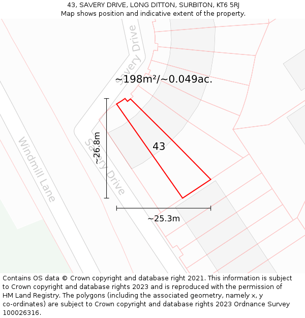 43, SAVERY DRIVE, LONG DITTON, SURBITON, KT6 5RJ: Plot and title map
