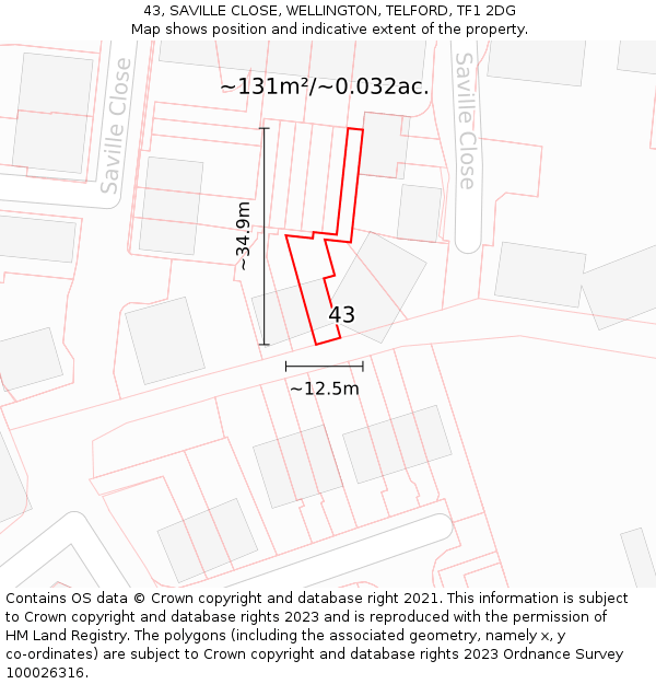 43, SAVILLE CLOSE, WELLINGTON, TELFORD, TF1 2DG: Plot and title map