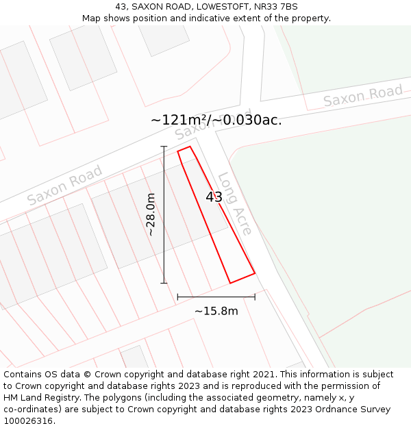 43, SAXON ROAD, LOWESTOFT, NR33 7BS: Plot and title map