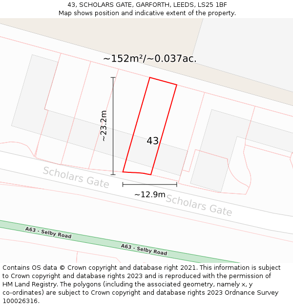 43, SCHOLARS GATE, GARFORTH, LEEDS, LS25 1BF: Plot and title map