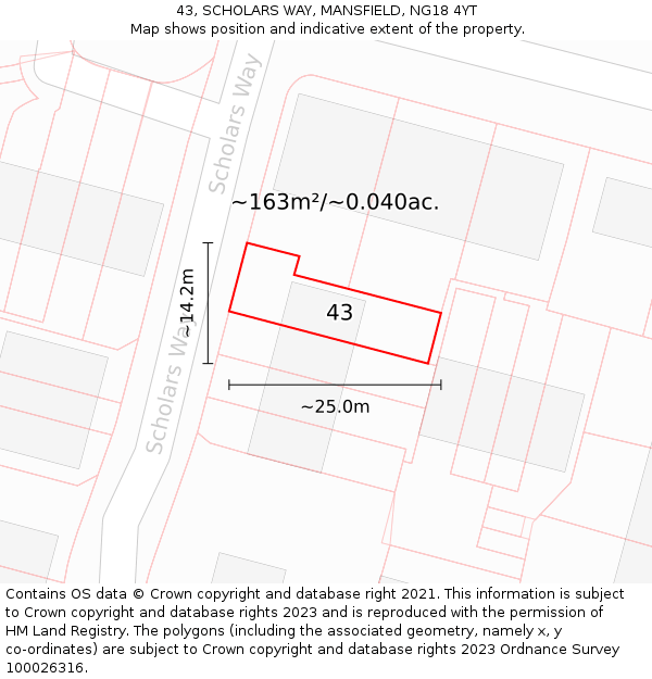 43, SCHOLARS WAY, MANSFIELD, NG18 4YT: Plot and title map