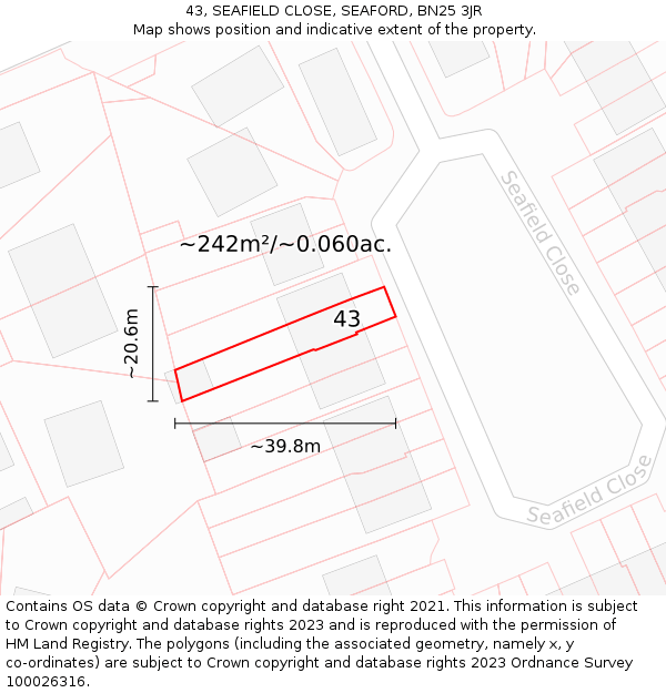 43, SEAFIELD CLOSE, SEAFORD, BN25 3JR: Plot and title map