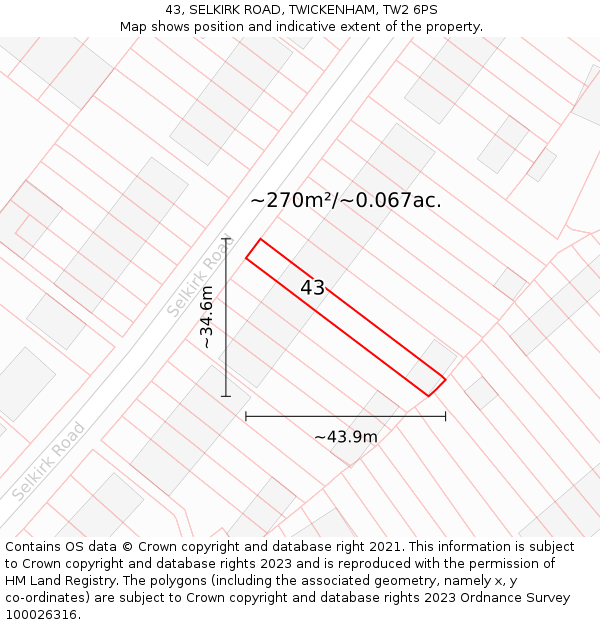 43, SELKIRK ROAD, TWICKENHAM, TW2 6PS: Plot and title map