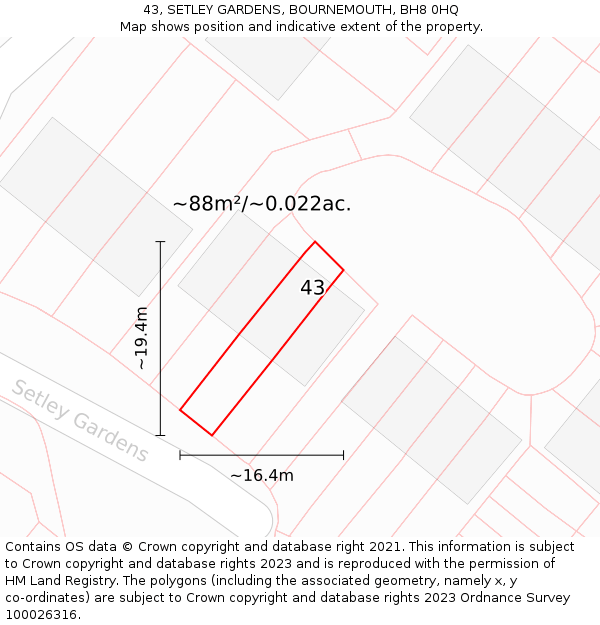 43, SETLEY GARDENS, BOURNEMOUTH, BH8 0HQ: Plot and title map