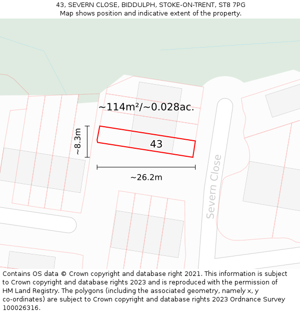 43, SEVERN CLOSE, BIDDULPH, STOKE-ON-TRENT, ST8 7PG: Plot and title map