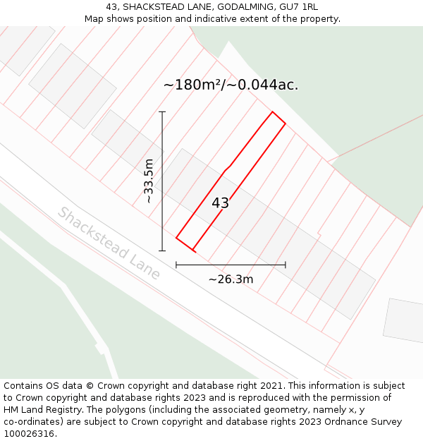 43, SHACKSTEAD LANE, GODALMING, GU7 1RL: Plot and title map