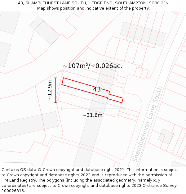 43, SHAMBLEHURST LANE SOUTH, HEDGE END, SOUTHAMPTON, SO30 2FN: Plot and title map