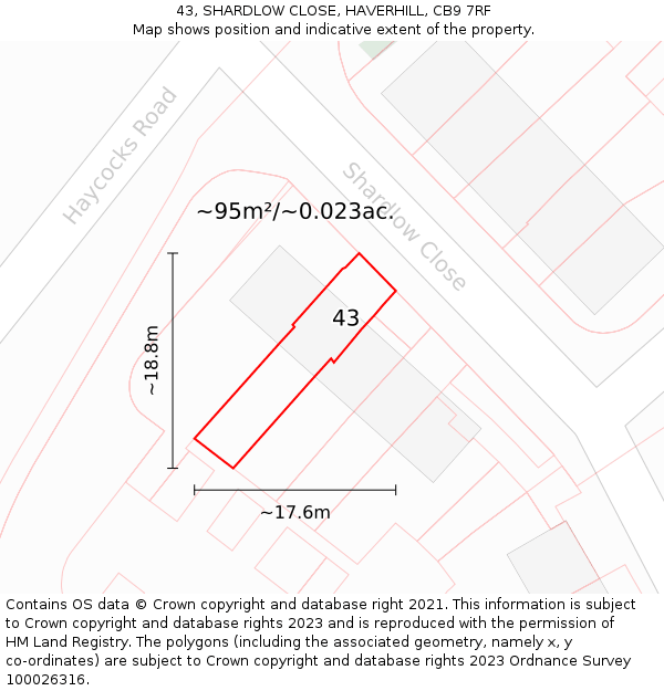 43, SHARDLOW CLOSE, HAVERHILL, CB9 7RF: Plot and title map