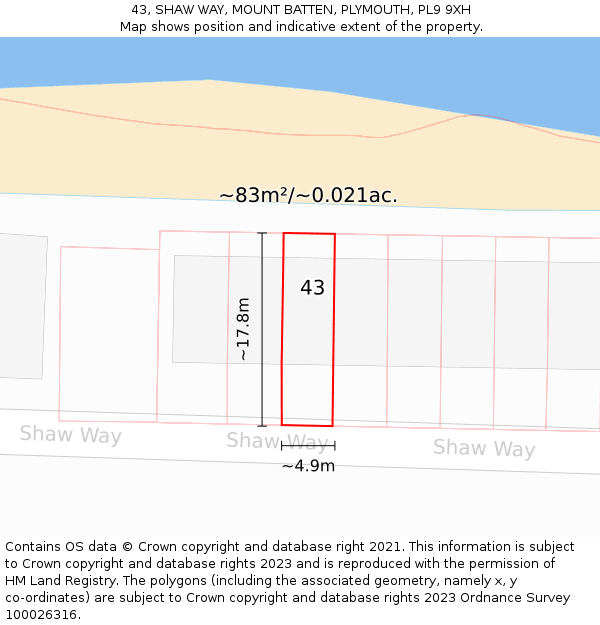 43, SHAW WAY, MOUNT BATTEN, PLYMOUTH, PL9 9XH: Plot and title map