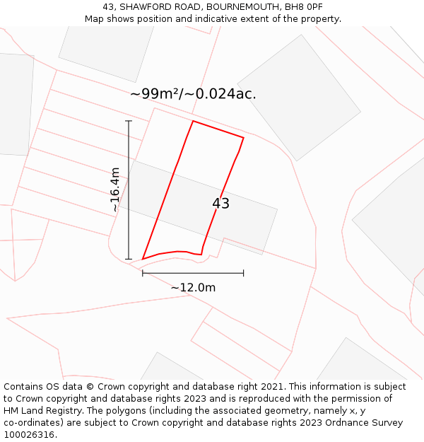 43, SHAWFORD ROAD, BOURNEMOUTH, BH8 0PF: Plot and title map
