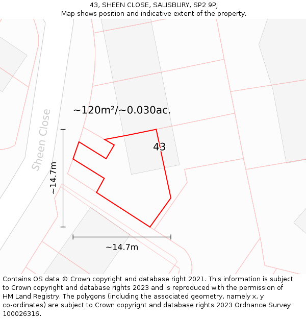 43, SHEEN CLOSE, SALISBURY, SP2 9PJ: Plot and title map