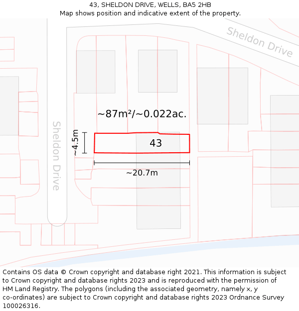 43, SHELDON DRIVE, WELLS, BA5 2HB: Plot and title map