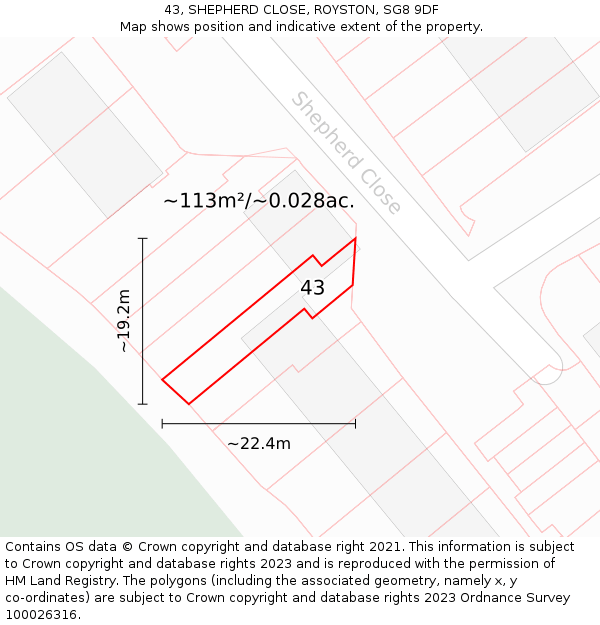43, SHEPHERD CLOSE, ROYSTON, SG8 9DF: Plot and title map