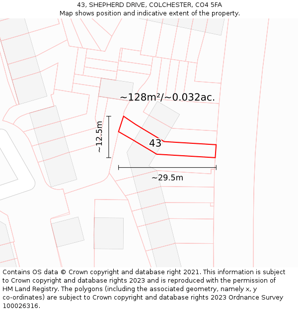 43, SHEPHERD DRIVE, COLCHESTER, CO4 5FA: Plot and title map