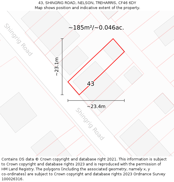 43, SHINGRIG ROAD, NELSON, TREHARRIS, CF46 6DY: Plot and title map