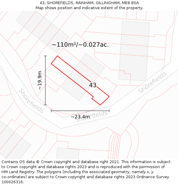 43, SHOREFIELDS, RAINHAM, GILLINGHAM, ME8 8SA: Plot and title map