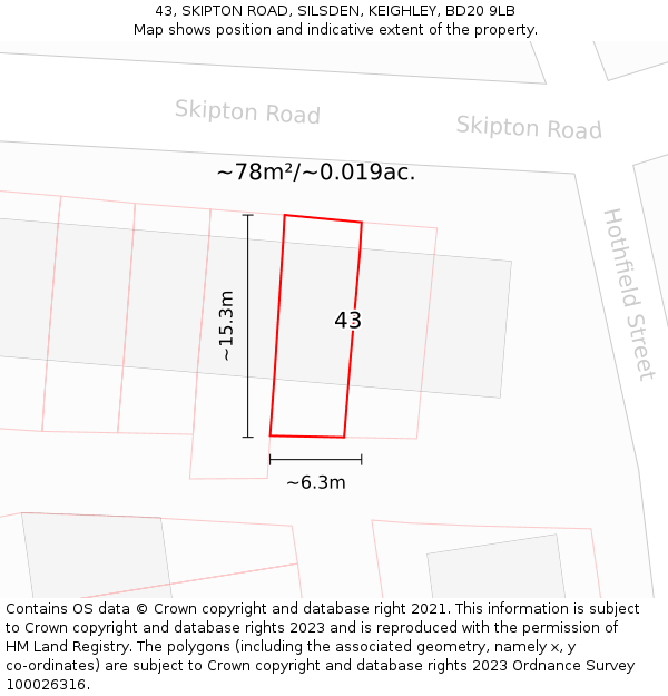 43, SKIPTON ROAD, SILSDEN, KEIGHLEY, BD20 9LB: Plot and title map
