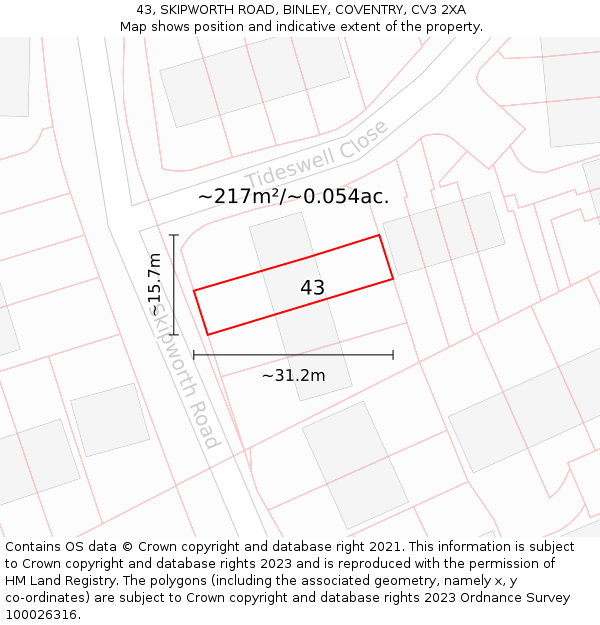 43, SKIPWORTH ROAD, BINLEY, COVENTRY, CV3 2XA: Plot and title map
