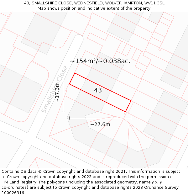 43, SMALLSHIRE CLOSE, WEDNESFIELD, WOLVERHAMPTON, WV11 3SL: Plot and title map