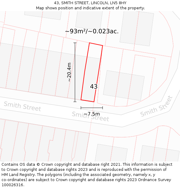 43, SMITH STREET, LINCOLN, LN5 8HY: Plot and title map