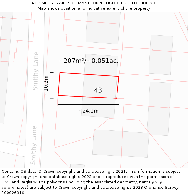 43, SMITHY LANE, SKELMANTHORPE, HUDDERSFIELD, HD8 9DF: Plot and title map