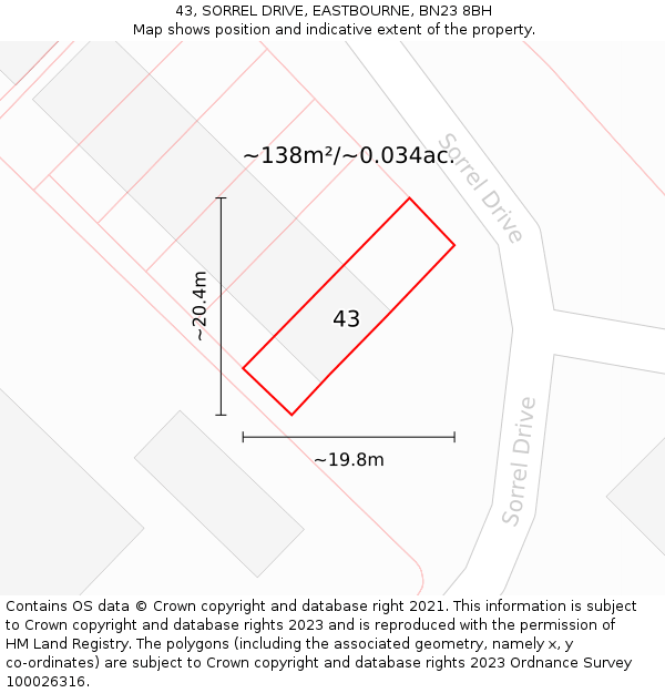 43, SORREL DRIVE, EASTBOURNE, BN23 8BH: Plot and title map