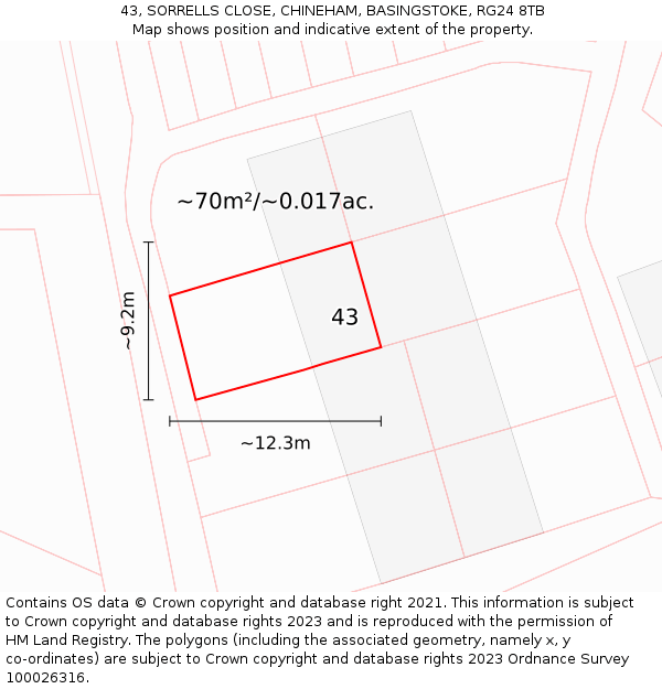 43, SORRELLS CLOSE, CHINEHAM, BASINGSTOKE, RG24 8TB: Plot and title map