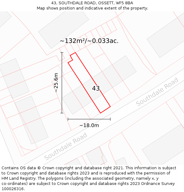 43, SOUTHDALE ROAD, OSSETT, WF5 8BA: Plot and title map