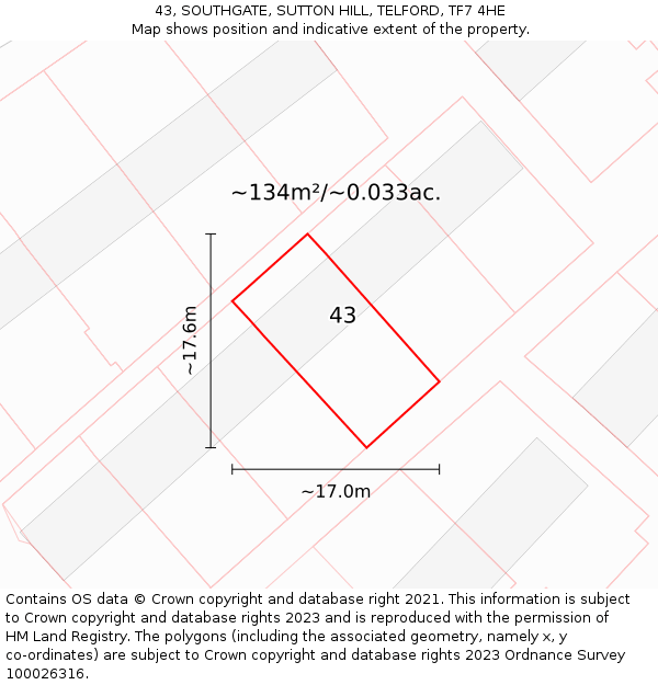 43, SOUTHGATE, SUTTON HILL, TELFORD, TF7 4HE: Plot and title map