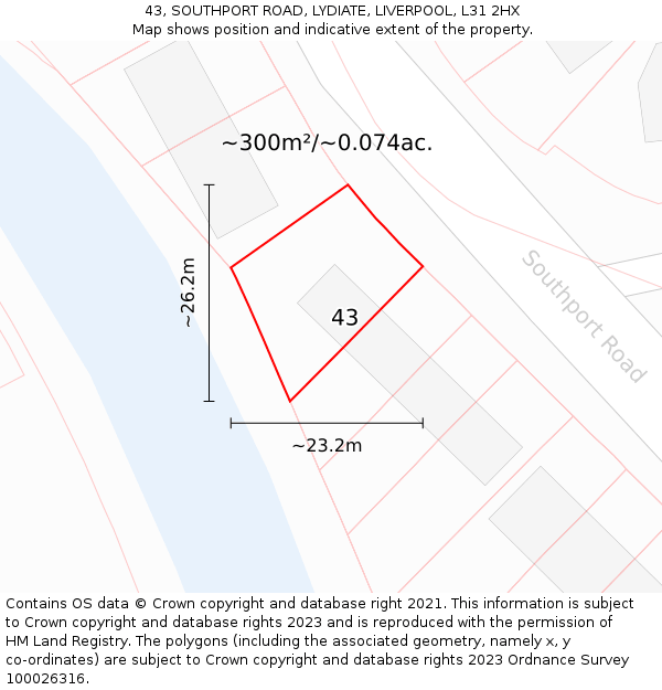 43, SOUTHPORT ROAD, LYDIATE, LIVERPOOL, L31 2HX: Plot and title map