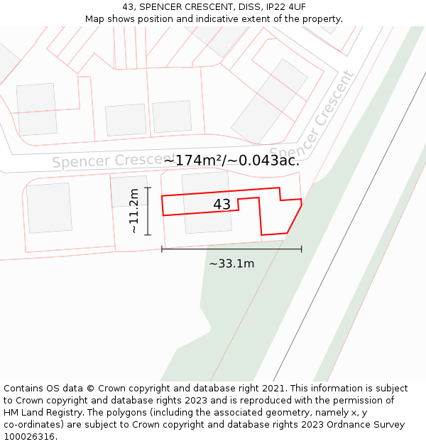 43, SPENCER CRESCENT, DISS, IP22 4UF: Plot and title map