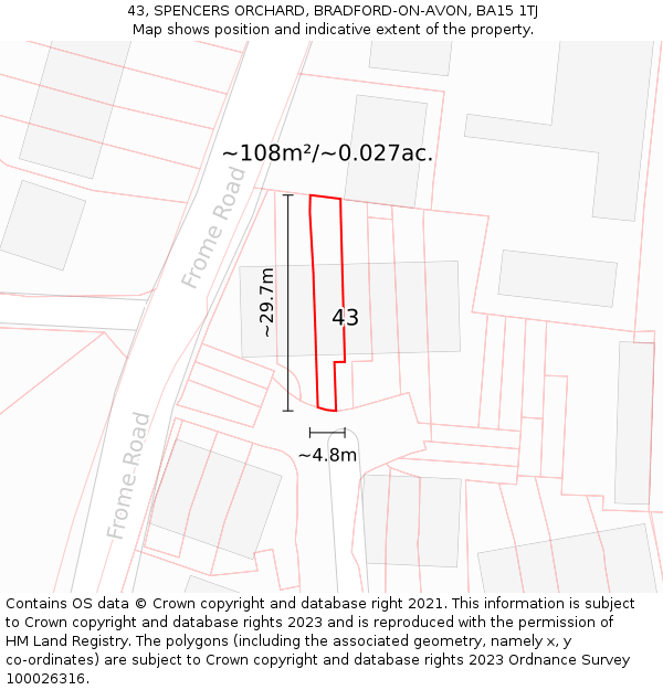 43, SPENCERS ORCHARD, BRADFORD-ON-AVON, BA15 1TJ: Plot and title map
