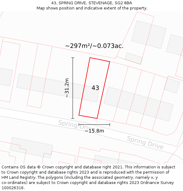 43, SPRING DRIVE, STEVENAGE, SG2 8BA: Plot and title map