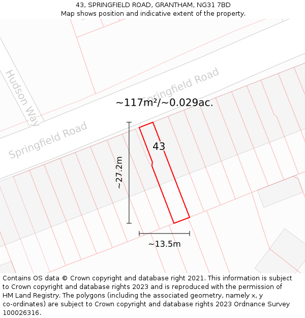 43, SPRINGFIELD ROAD, GRANTHAM, NG31 7BD: Plot and title map