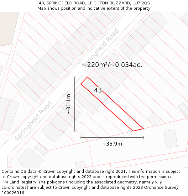 43, SPRINGFIELD ROAD, LEIGHTON BUZZARD, LU7 2QS: Plot and title map