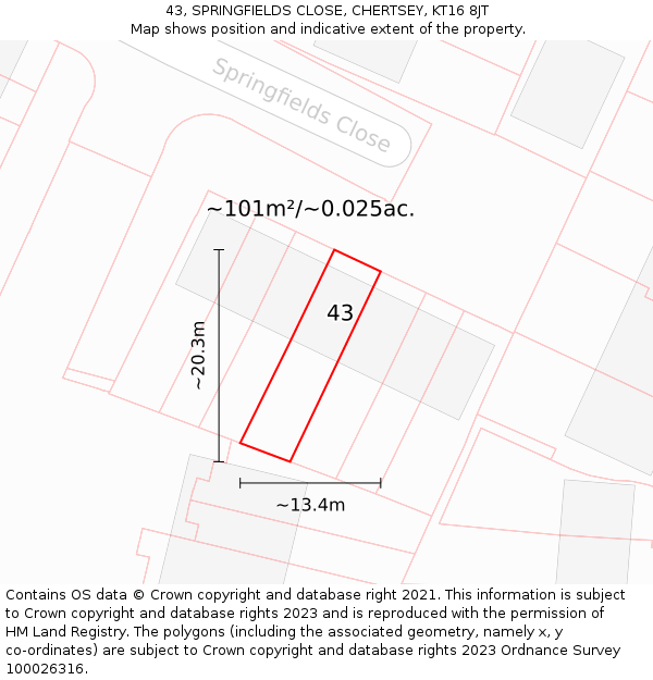 43, SPRINGFIELDS CLOSE, CHERTSEY, KT16 8JT: Plot and title map