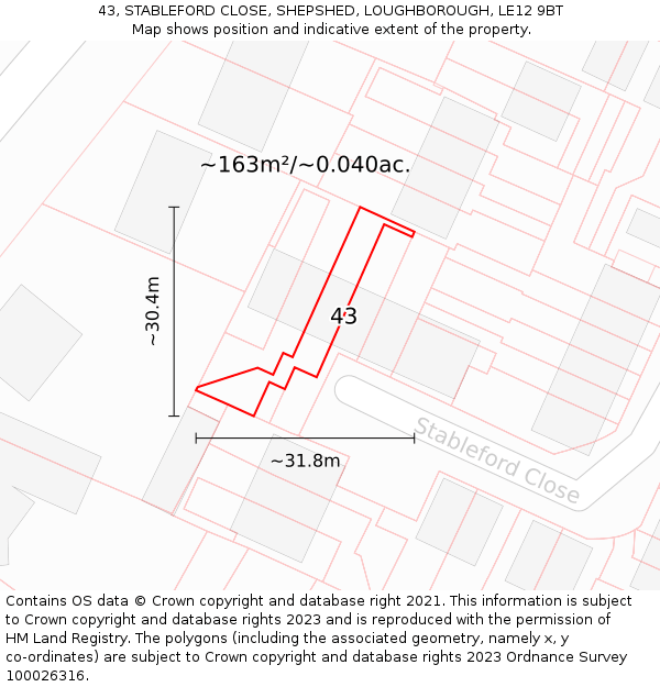 43, STABLEFORD CLOSE, SHEPSHED, LOUGHBOROUGH, LE12 9BT: Plot and title map