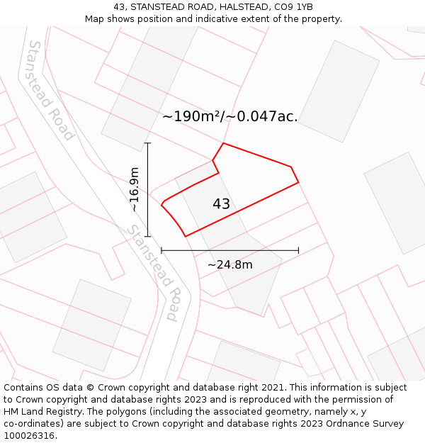 43, STANSTEAD ROAD, HALSTEAD, CO9 1YB: Plot and title map