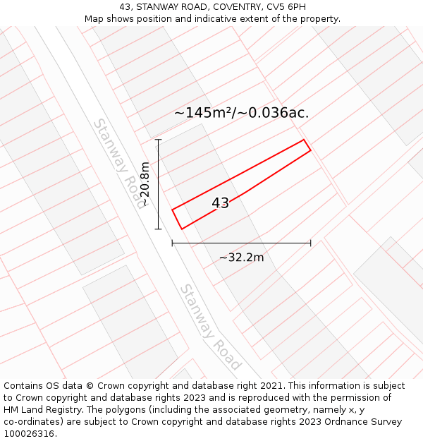 43, STANWAY ROAD, COVENTRY, CV5 6PH: Plot and title map