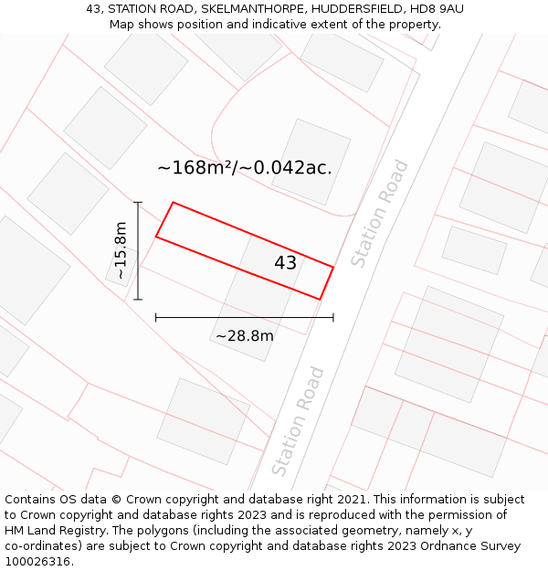 43, STATION ROAD, SKELMANTHORPE, HUDDERSFIELD, HD8 9AU: Plot and title map