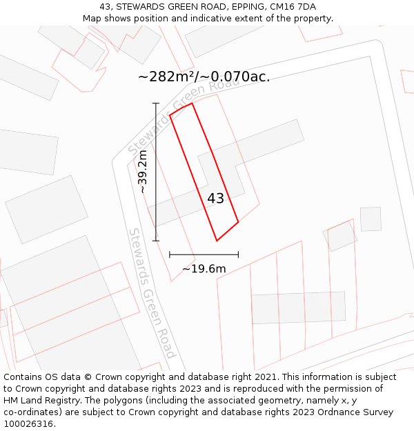 43, STEWARDS GREEN ROAD, EPPING, CM16 7DA: Plot and title map