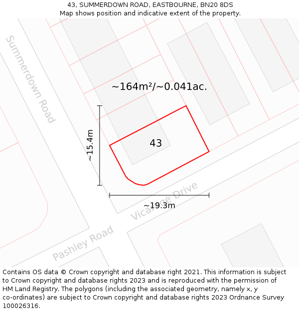 43, SUMMERDOWN ROAD, EASTBOURNE, BN20 8DS: Plot and title map