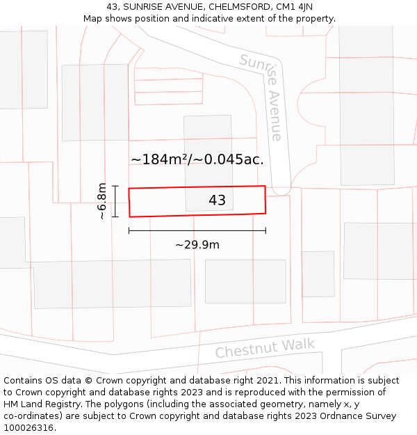 43, SUNRISE AVENUE, CHELMSFORD, CM1 4JN: Plot and title map