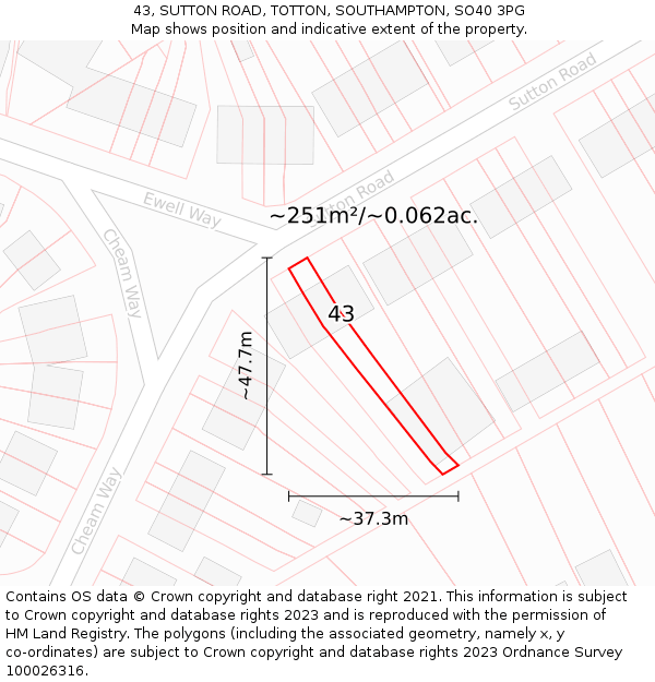 43, SUTTON ROAD, TOTTON, SOUTHAMPTON, SO40 3PG: Plot and title map