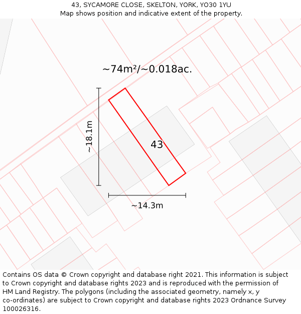 43, SYCAMORE CLOSE, SKELTON, YORK, YO30 1YU: Plot and title map