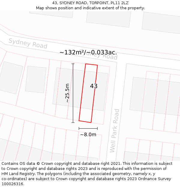 43, SYDNEY ROAD, TORPOINT, PL11 2LZ: Plot and title map