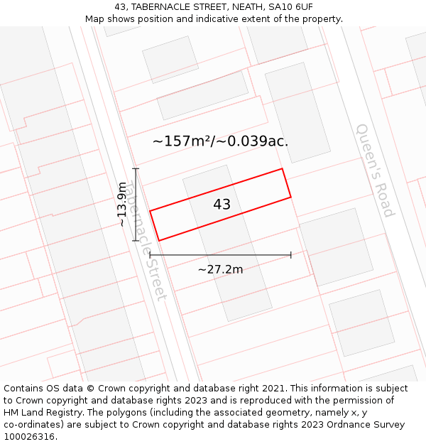 43, TABERNACLE STREET, NEATH, SA10 6UF: Plot and title map