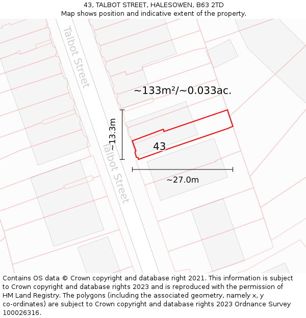 43, TALBOT STREET, HALESOWEN, B63 2TD: Plot and title map