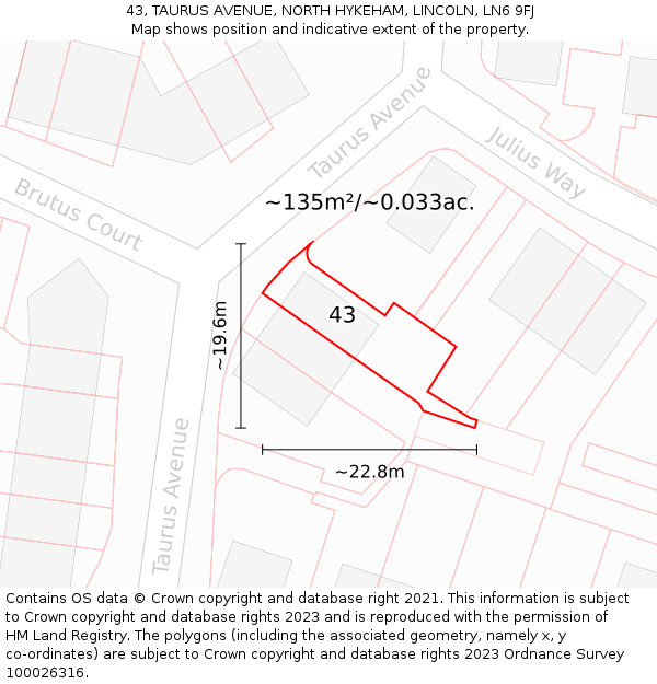 43, TAURUS AVENUE, NORTH HYKEHAM, LINCOLN, LN6 9FJ: Plot and title map