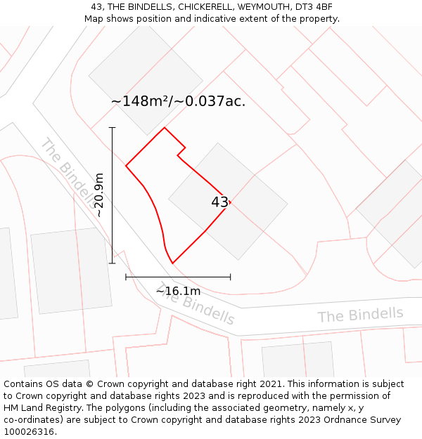 43, THE BINDELLS, CHICKERELL, WEYMOUTH, DT3 4BF: Plot and title map